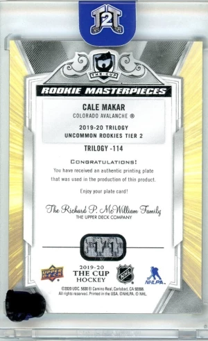 2019-20 Upper Deck The Cup Masterpieces Rookie Printing Plate 1/1 Cale Makar back